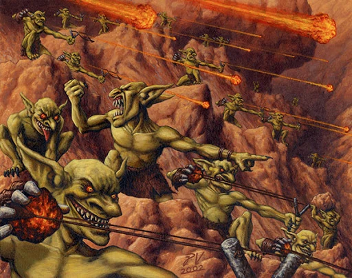 A fearsome goblin raiding party preparing to prey upon some unsuspecting travelers.